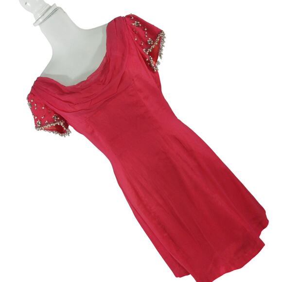 VINTAGE 60'S! MAYS BOUTIQUE! PINK CHIFFON & SATIN, JEWELED SLEEVE DRESS! SZ 16 - Picture 1 of 12